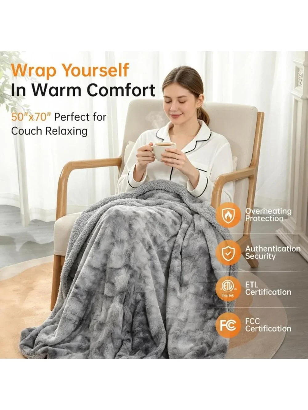 Cozy Heated Blanket Throw 50” x 70” - Soft Dark Gray for Home & Office Use
